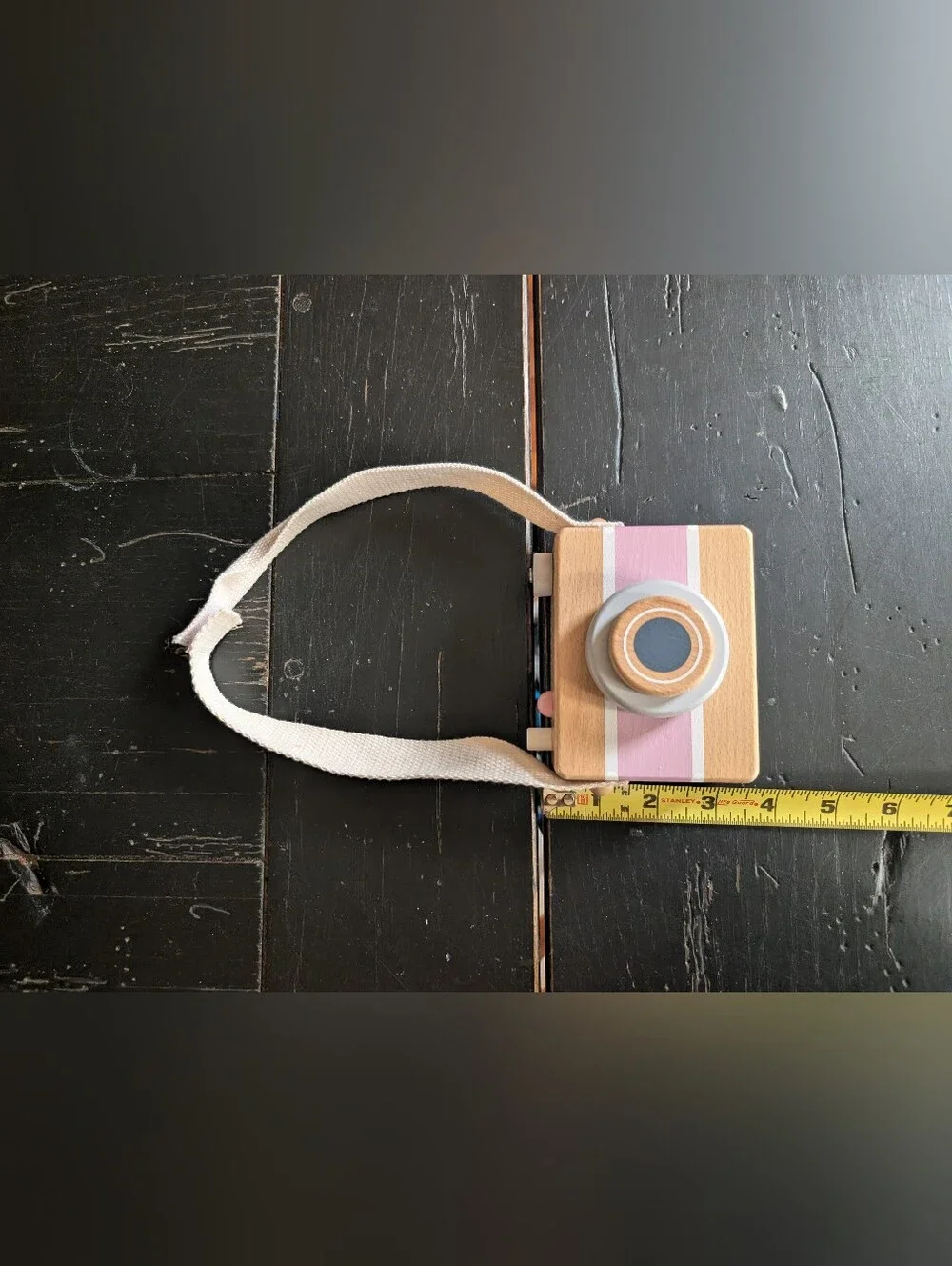 Wooden Toy Play Camera w/ Movable Lens and Gray Film Knob Velcro Strap